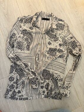 AllSaints Cream and Black Paisley Button-Up Blouse
